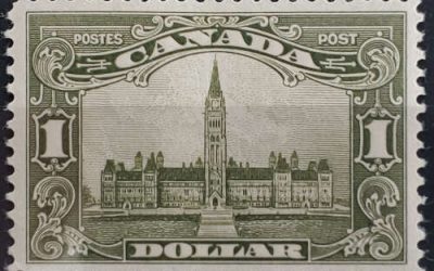 Canada #159 VF Mint 1929 $1 Parliament, trifle offset