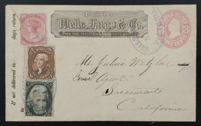 Wells Fargo circa 1867 15c U.S. mixed franked Express Cvr, 2014 Cert