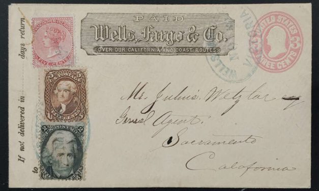 Wells Fargo circa 1867 15c U.S. mixed franked Express Cvr, 2014 Cert