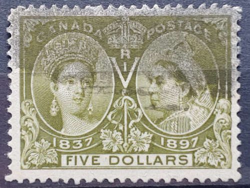 Canada #65 VF Used 1897 $5 Jubilee, smudge cancel