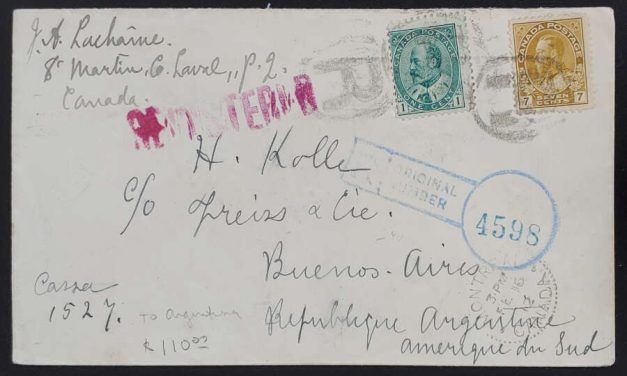 Quebec 10 Feb 1912 10c Registered Cover to Argentina