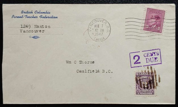 Caulfeild, B.C. #252, J16 1947 2c Postage Due Thorne Cover