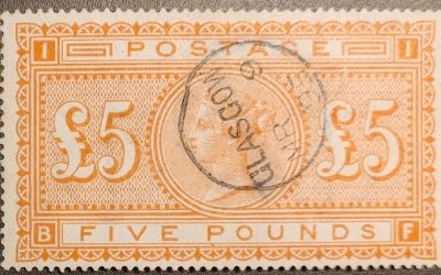 G.B. #93 Fine+ 1895 Glasgow CDS Used 5 Pounds Orange