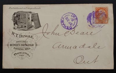 Oshawa, On. #37 22 Sep 1881 3c SQ purple cancel Corner Cover
