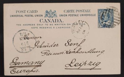 Westley, B.C. RF E-2 19 Aug 1904 2c Postal Card to Germany