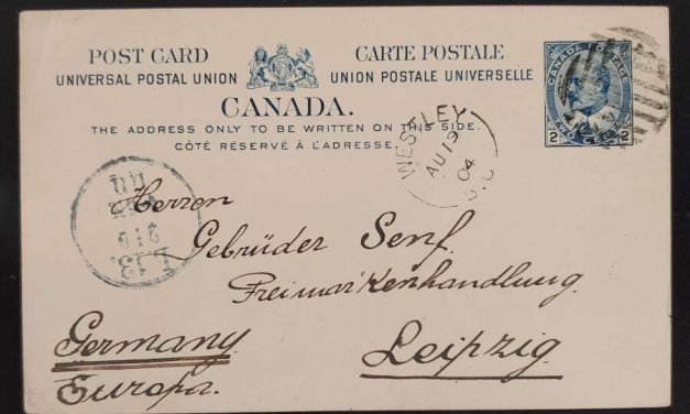 Westley, B.C. RF E-2 19 Aug 1904 2c Postal Card to Germany