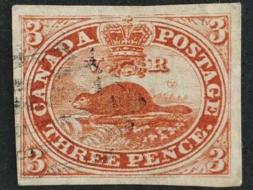 Canada #4 VF Used 1852 3d Beaver, reentry in Pence