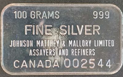 Johnson Matthey .999 Fine boxed 100 gram Silver Bar #002544