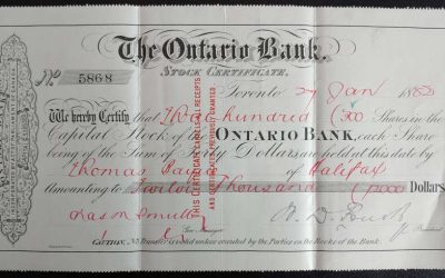 The Ontario Bank 27 Jan 1882 signed 10×5″ Stock Certificate