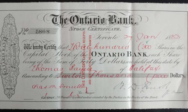 The Ontario Bank 27 Jan 1882 signed 10×5″ Stock Certificate
