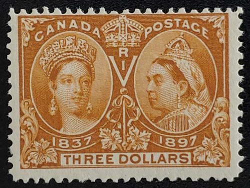 Lot 28 Canada #63 Fine Never Hinged 1897 $3 Jubilee, 13,500 issued $3000.