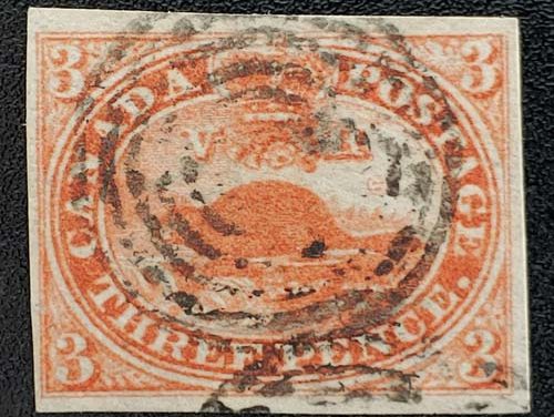 Canada #4d VF Used 1852 3d Thin Paper, Orange Red Beaver