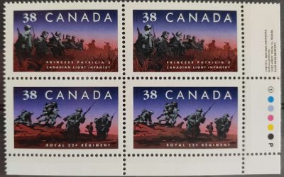 Canada #1250ii VFNH 1989 38c Regiments LR Plate Block (4)