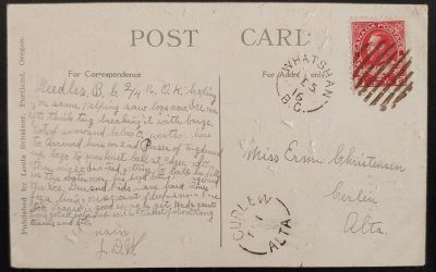 Whatshan, B.C. RF E-1 5 Dec 1916 2c Columbia River Postcard to Alta