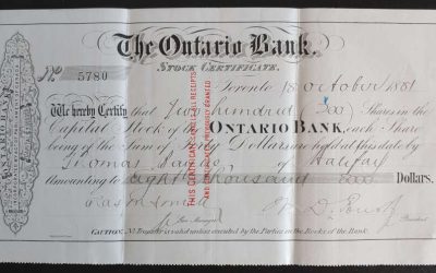 The Ontario Bank signed 18 Oct 1881 10×5.5″ Toronto Stock Certificate