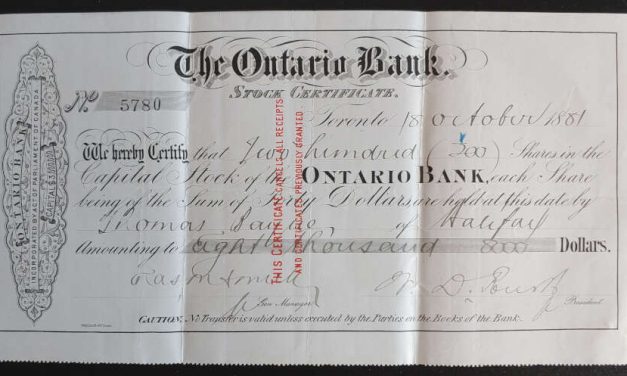 The Ontario Bank signed 18 Oct 1881 10×5.5″ Toronto Stock Certificate