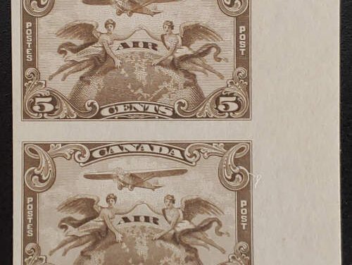 Canada #C1a VF Mint 1928 5c Airmail Imperforate Pair, 250 made