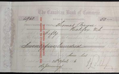 Cdn Bank of Commerce 26 Apr 1876 Halifax Stock Certificate No. 4960