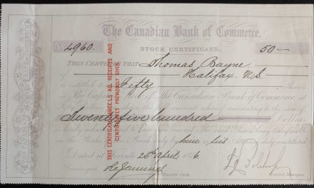 Cdn Bank of Commerce 26 Apr 1876 Halifax Stock Certificate No. 4960