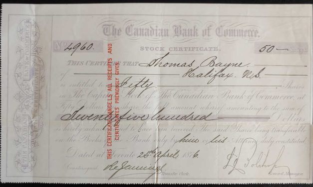 Cdn Bank of Commerce 26 Apr 1876 Halifax Stock Certificate No. 4960