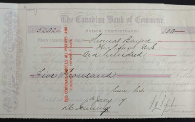 Canadian Bank of Commerce 1874 9×5″ signed Share Certificate