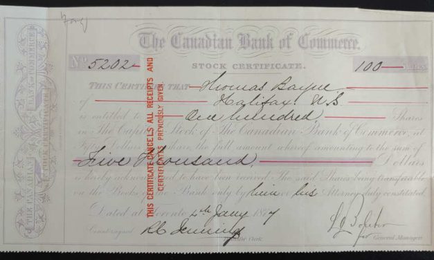 Canadian Bank of Commerce 1874 9×5″ signed Share Certificate