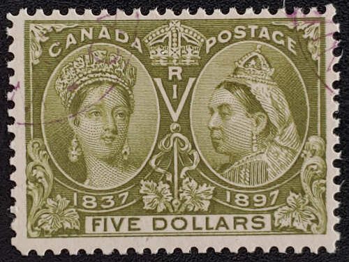 Canada #65 Fresh and Fine Used 1897 $5 Jubilee, 16,500 printed