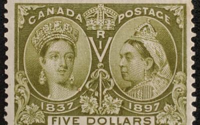 Canada #65 Fresh and Fine Mint 1897 $5 Jubilee, perf gum loss
