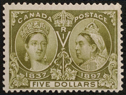 Canada #65 Fresh and Fine Mint 1897 $5 Jubilee, perf gum loss