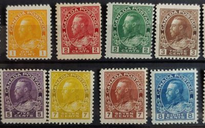 Canada #104-110, 112-115, 118 Fine Never Hinged 1911/23 (12)