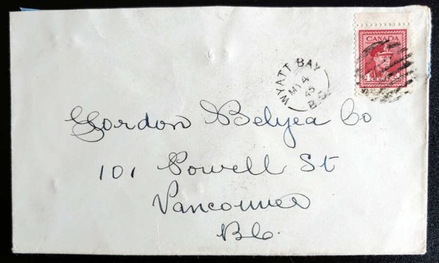Wyatt Bay, B.C. RF E-3 4 May 1945 4c George VI Cover to Vancouver