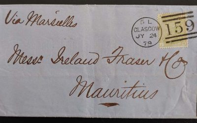 G.B. #70 24 Jy 1879 Glasgow 4d Plate 15 FLS to Mauritius