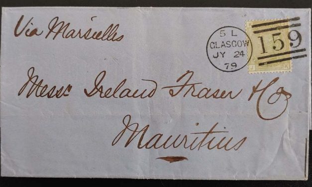 G.B. #70 24 Jy 1879 Glasgow 4d Plate 15 FLS to Mauritius