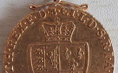 George III 1787 Gold Spade Guinea w/ original mount .2462oz AGW