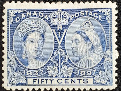 Canada #60 F/VF Mint HR 1897 50c Jubilee shade, owner’s b/s