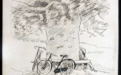 G.B. 1897 handdrawn Couple Cycling Christmas Card, ex Wellburn