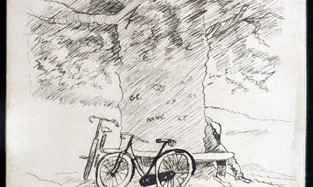 G.B. 1897 handdrawn Couple Cycling Christmas Card, ex Wellburn