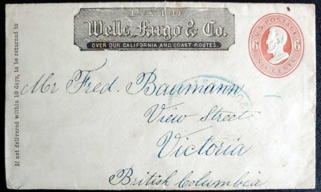 Wells Fargo 1870/71 6c San Francisco/Victoria Cover to Fred Baumann