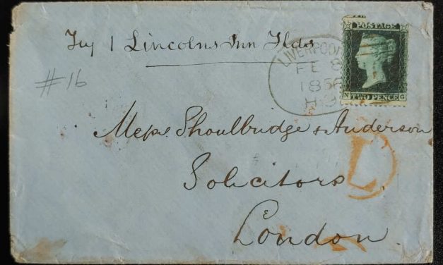 G.B. #13 8 Feb 1856 Liverpool Spoon, Late Cover to London