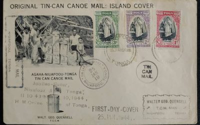 Tonga #82-4 25 Jan 1944 6d cacheted Tin Can Canoe Mail FDC (3)