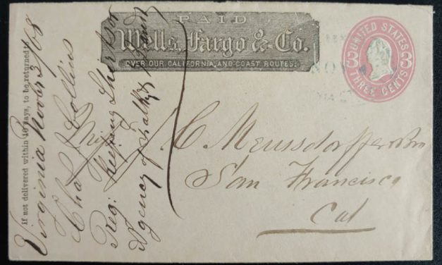 Wells Fargo 1868 incoming Meussdorffer Bros SFr Cover from Va.