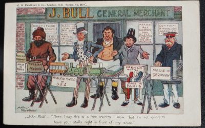 G.B. 4 Jan 1904 1/2d artist-signed Anti Free Trade colour Postcard