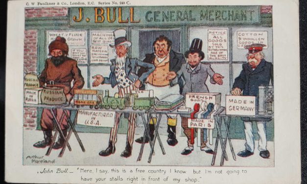 G.B. 4 Jan 1904 1/2d artist-signed Anti Free Trade colour Postcard