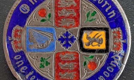 G.B. enameled 1883 QV Gothic Silver Florin Brooch