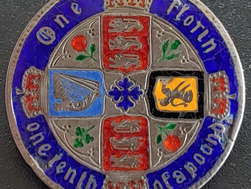 G.B. enameled 1883 QV Gothic Silver Florin Brooch