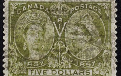 Canada #65 F/VF Used 1897 $5 Jubilee, roller cancel