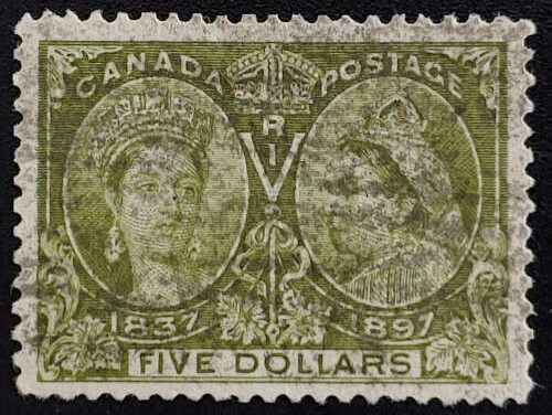 Canada #65 F/VF Used 1897 $5 Jubilee, roller cancel
