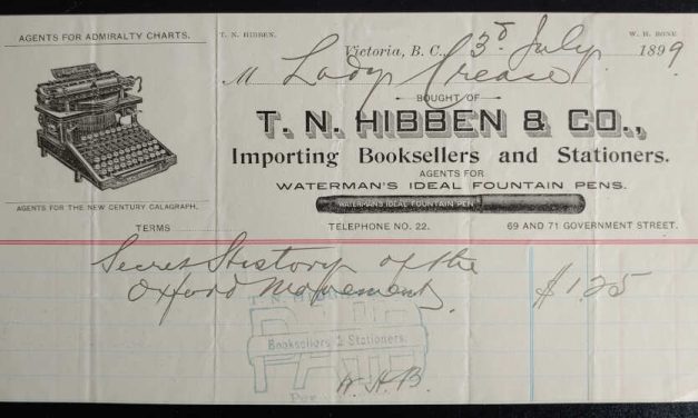T.N. Hibben 3 Jul 1899 Victoria, B.C. Lady Crease 8×4.5″ Receipt