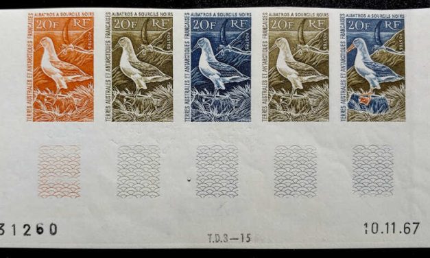 F.S.A.T. #28 VFNH 1967 20F Progressive Proof Strip (5)