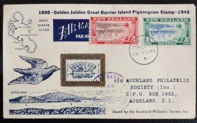 N.Z. 19 Nov 1948 Pigeon Gram Golden Jubilee Cover w/ etiquette